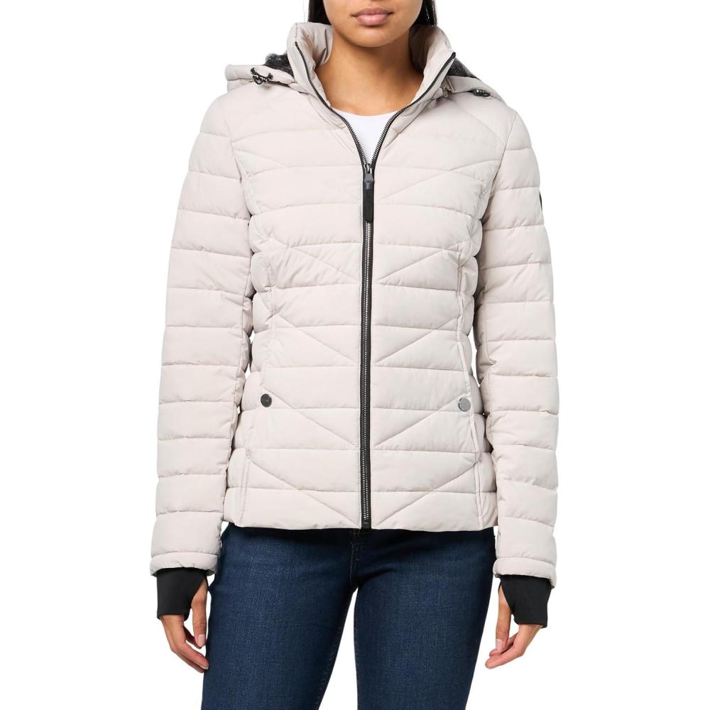 imageNautica Womens Mechanical Stretch Puffer Jacketdetachable Faux Fur Hood amp Storm CuffsLimestone