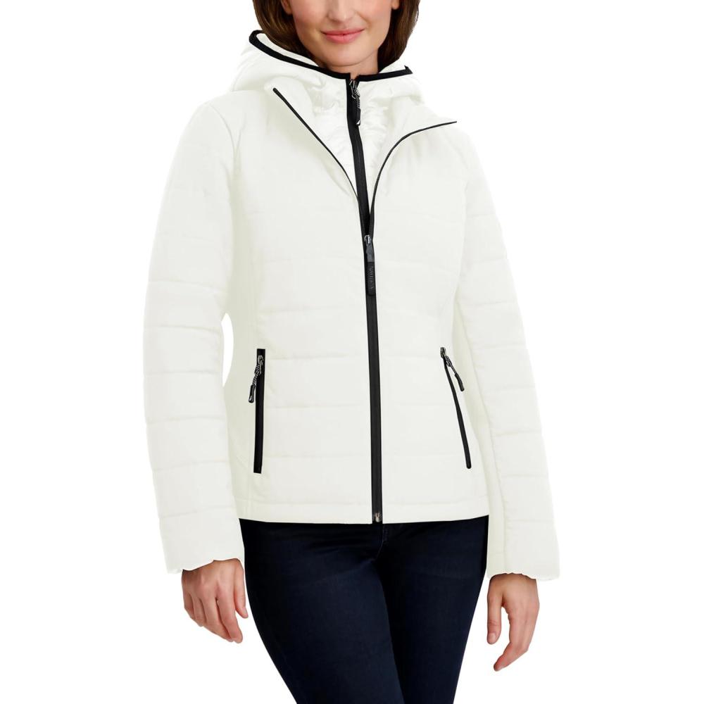 imageNautica Womens Nautica Womens Stretch Hybrid Puffer Jacket  Short Winter Coat With BibSail White
