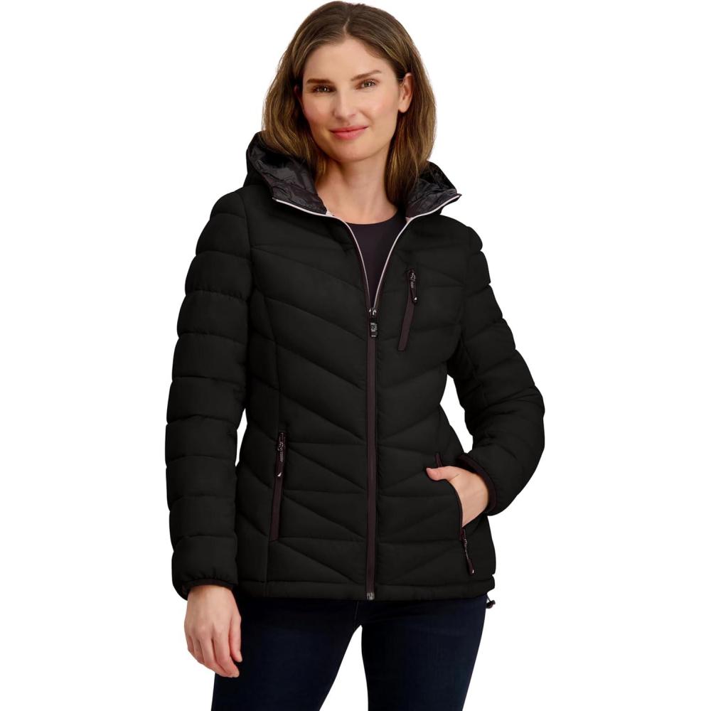 imageNautica Womens Packable Stretch Puffer Jacket Midweight Waterresistant Coat Adjustable HemBlack