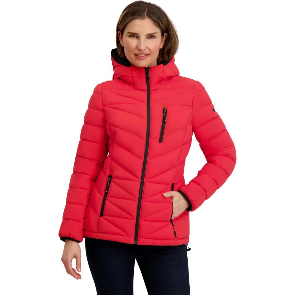imageNautica Womens Packable Stretch Puffer Jacket Midweight Waterresistant Coat Adjustable HemCoral
