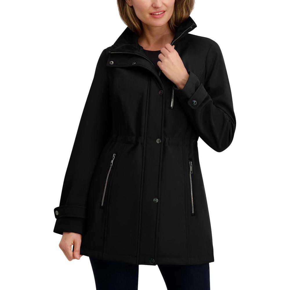 imageNautica Womens Softshell Jacket WaterResistant Transitional Coat Faux Fur Hood Adjustable WaistBlack