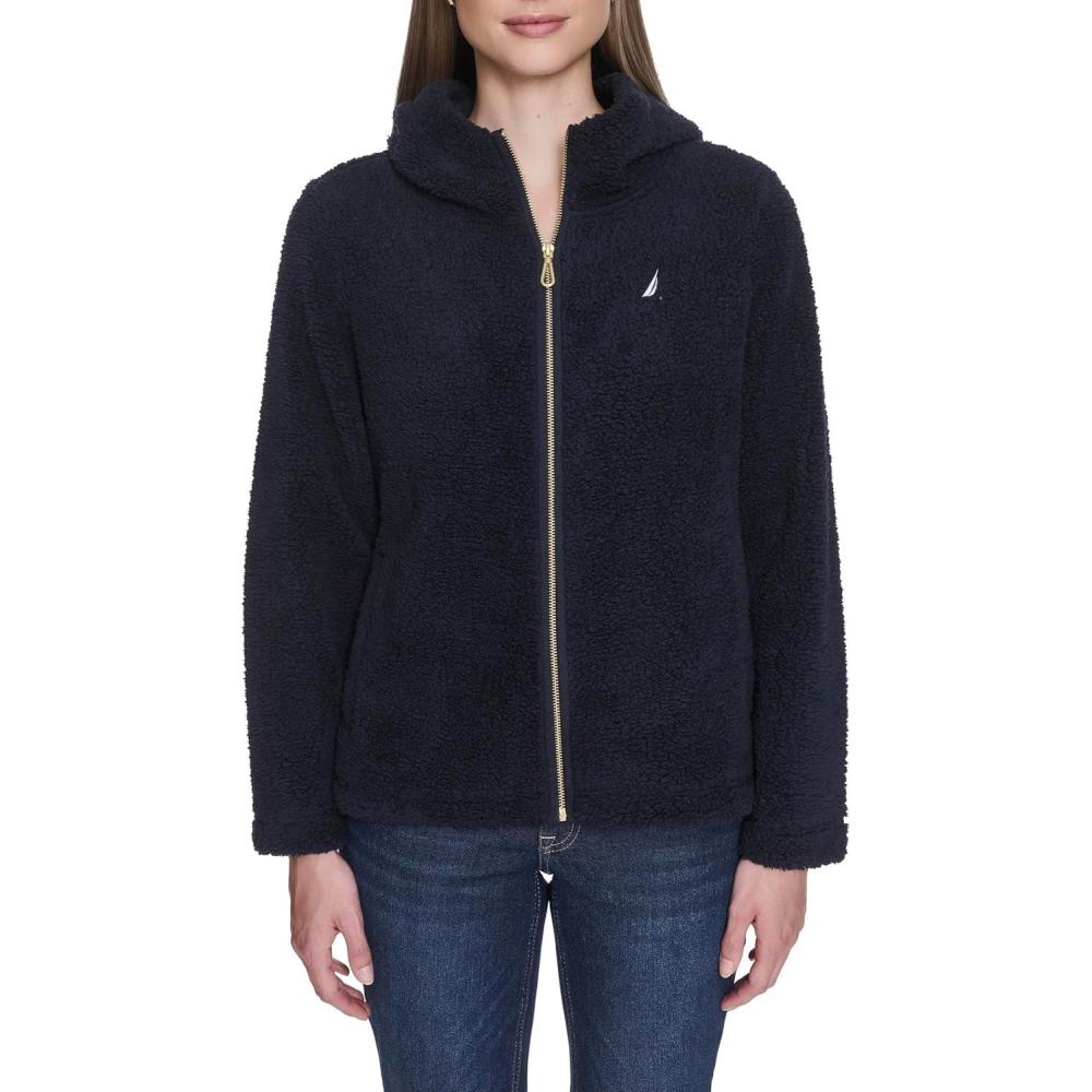 imageNautica Womens Solid Sherpa Zipup Hoodie JacketNight Sky