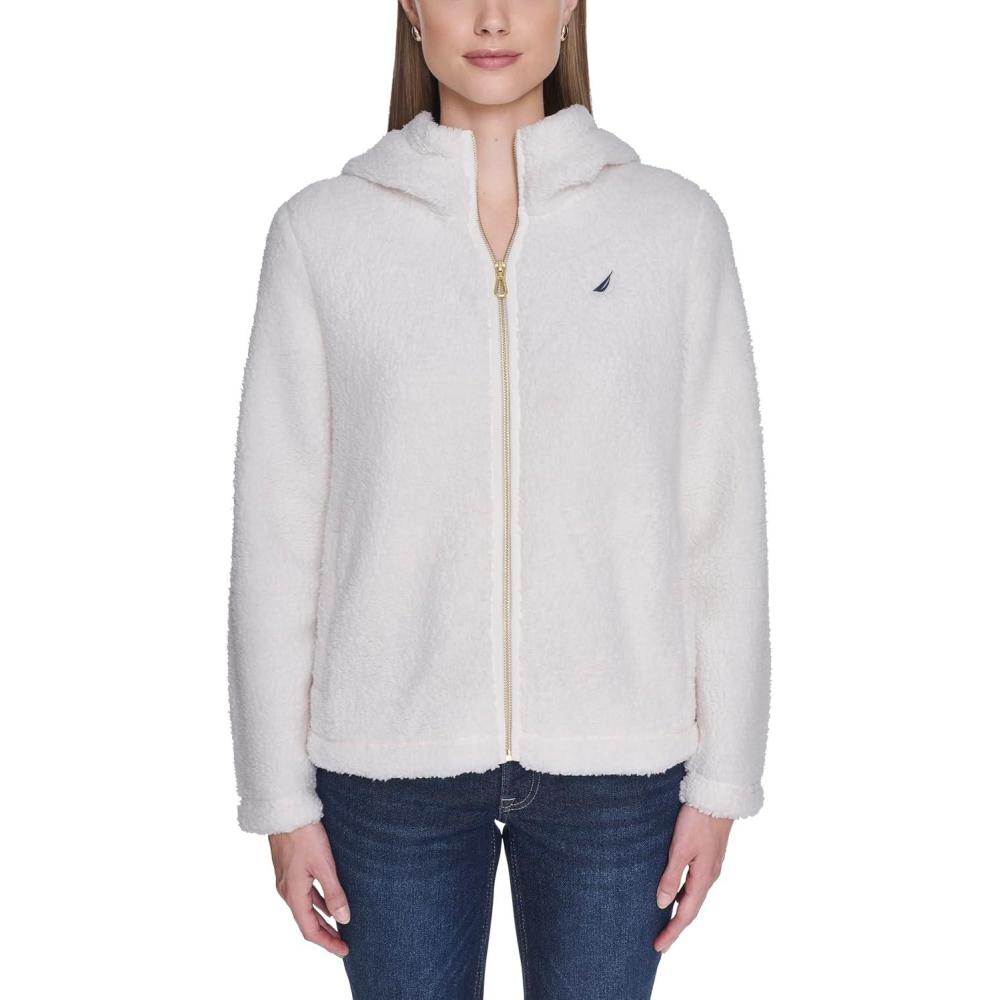 imageNautica Womens Solid Sherpa Zipup Hoodie JacketSoft Ivory