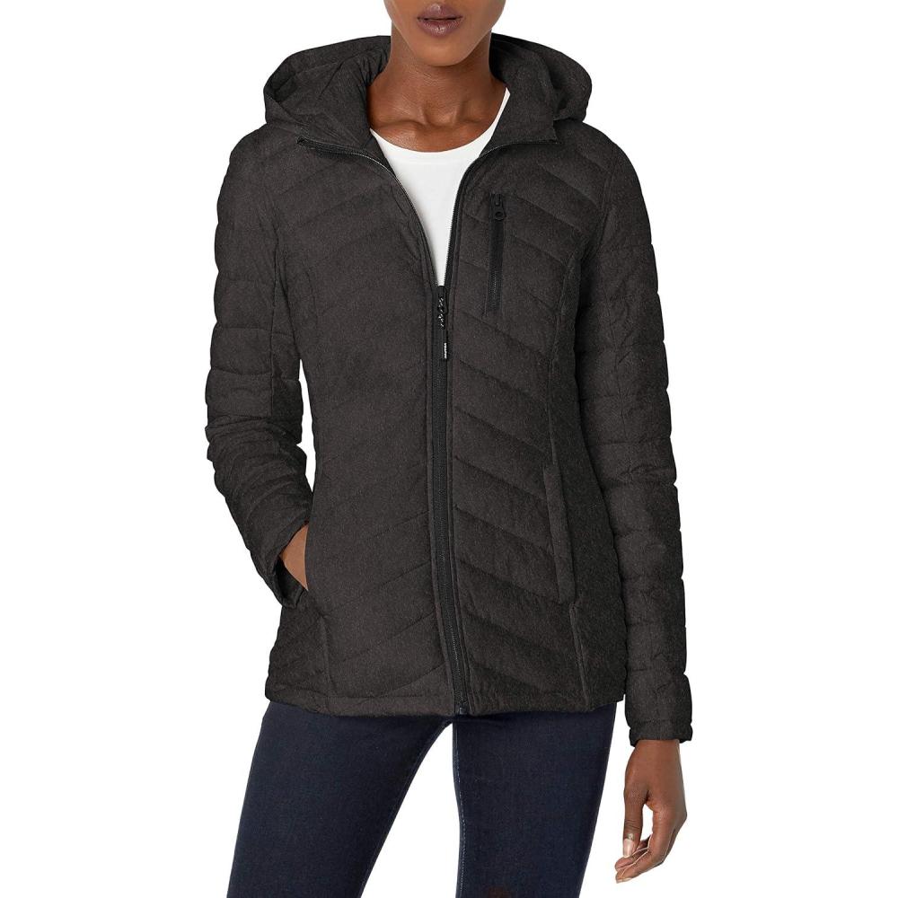 imageNautica Womens Stretch Puffer Jacket Midweight Winter Coat Detachable Faux Fur Lined HoodCharcoal