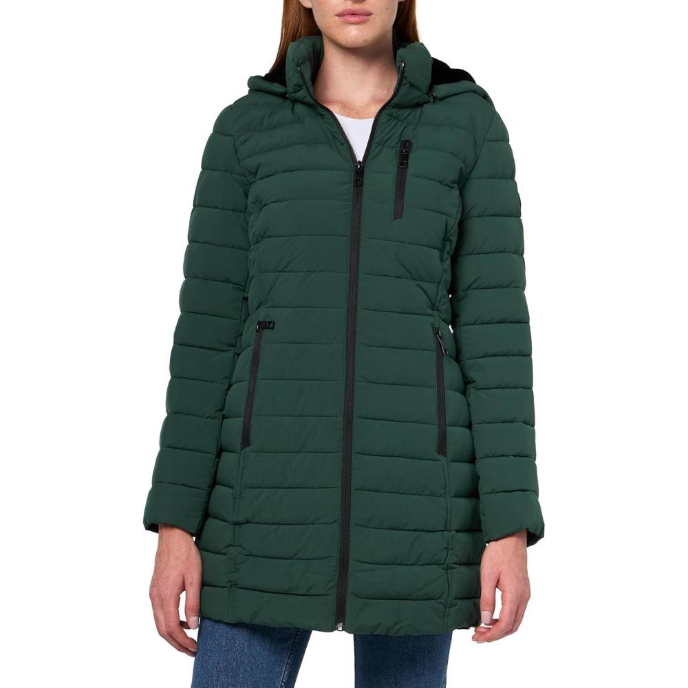 imageNautica Womens Stretch Puffer Jacket Midweight Winter Coat Detachable Faux Fur Lined HoodVerde