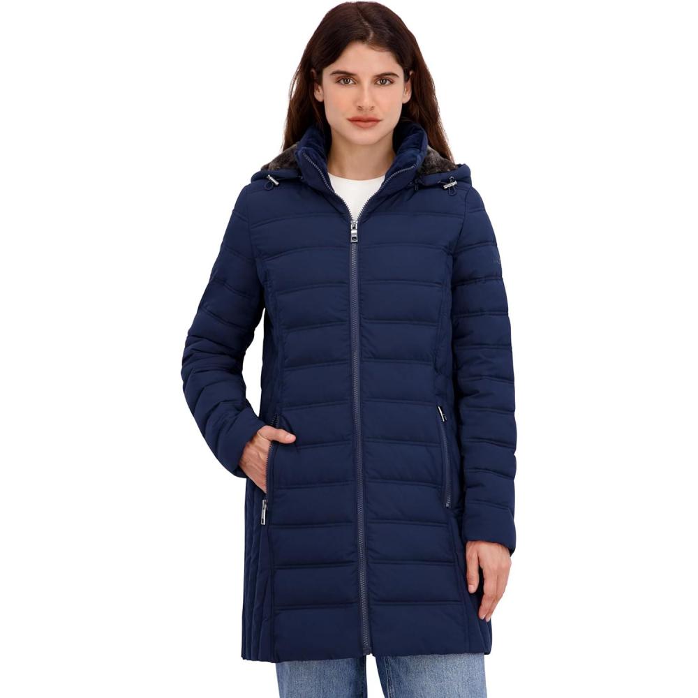 imageNautica Womens Stretch Puffer Jacket Faux Fur Lined Hood Wind amp Waterresistant Winter CoatNavy Seas