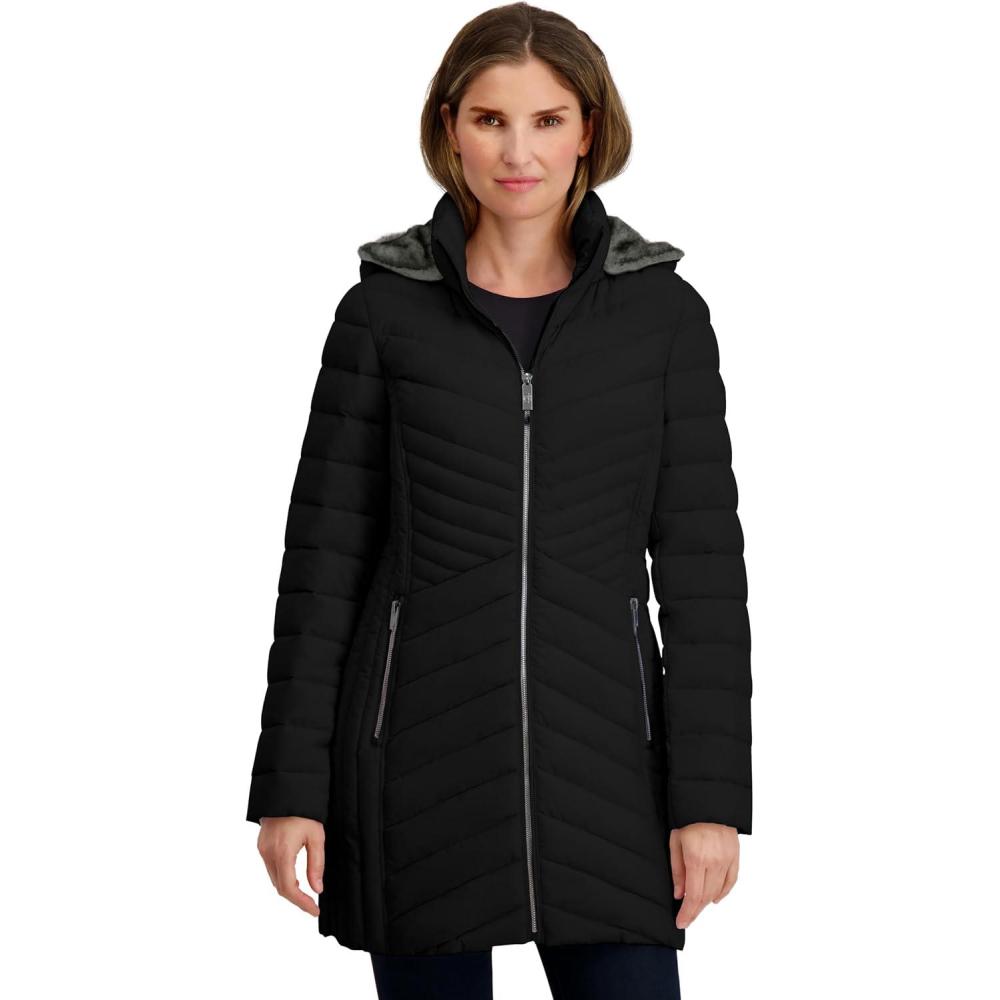 imageNautica Womens Stretch Puffer Jacket Wind amp Waterresistant Winter Coat Faux Fur Lined HoodBlack