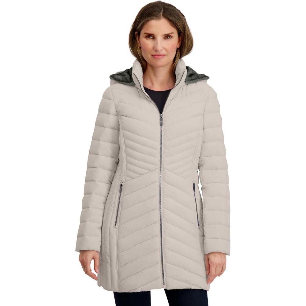 imageNautica Womens Stretch Puffer Jacket Wind amp Waterresistant Winter Coat Faux Fur Lined HoodLimestone
