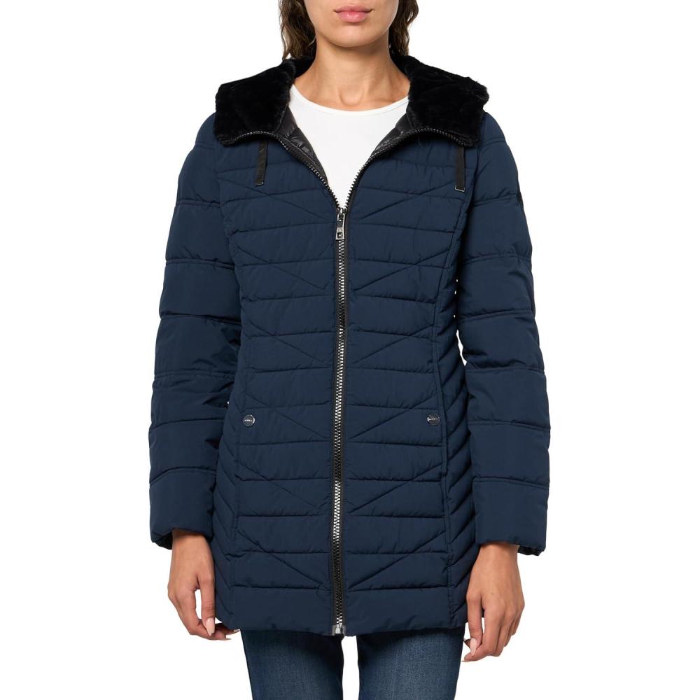 imageNautica Womens Stretch Puffer Jacket With Faux Fur Lined Hood Wind amp Waterresistant Winter CoatDeep Blue