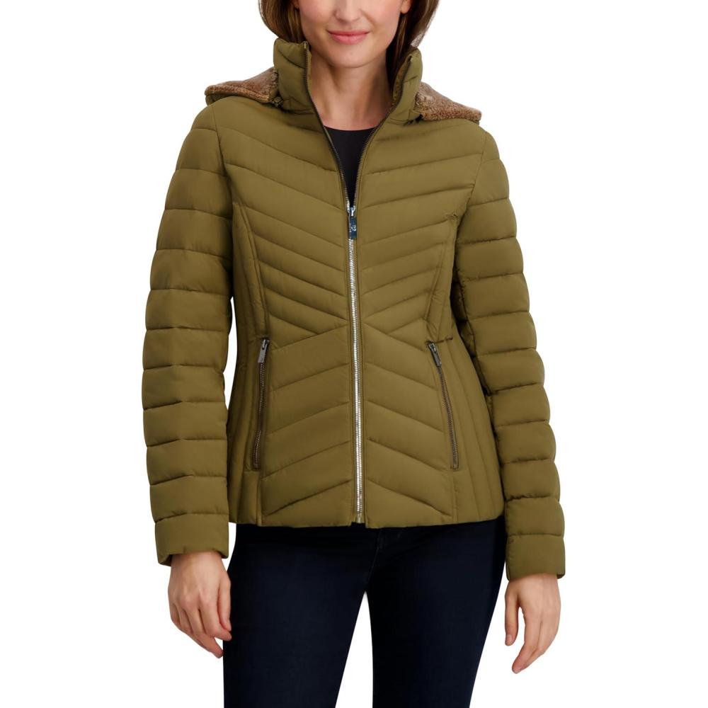 imageNautica Womens Stretch Puffer Jacket detachable Faux Fur Hood Midweight Waterresistant CoatOlive