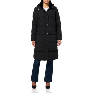 Nautica Women’s Long Stretch Puffer Jacket – Heavyweight Winter Coat, Hood & Side Opening(Black)