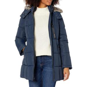 Nautica Women’s Long Stretch Puffer Jacket – Heavyweight Winter Coat, Hood & Side Opening(Navy)