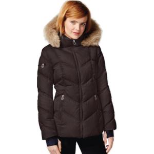 Nautica Women’s Short Puffer Coat with Faur Fur Trim Hood(Chocolate)