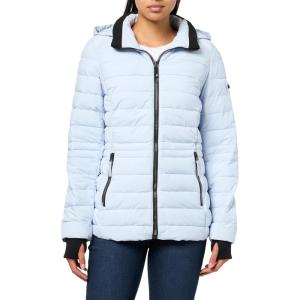 Nautica Women’s Short Puffer Coat with Faur Fur Trim Hood(Heather Blue)