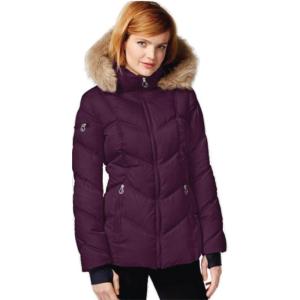 Nautica Women’s Short Puffer Coat with Faur Fur Trim Hood(Purple)