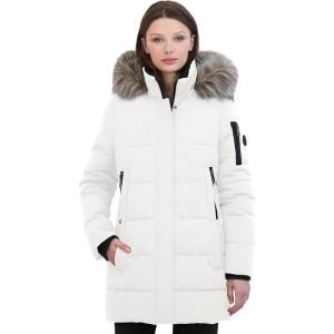 Nautica Women’s Soft Mist Heavyweight Puffer Coat– Winter Jacket With Detachable Faux Fur Hood(Winter White)