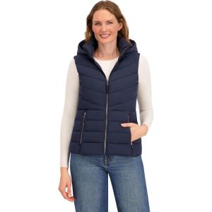 Nautica Women’s Stretch Puffer Vest – Water-Resistant Transitional Layer with Detachable Hood(Navy Seas)