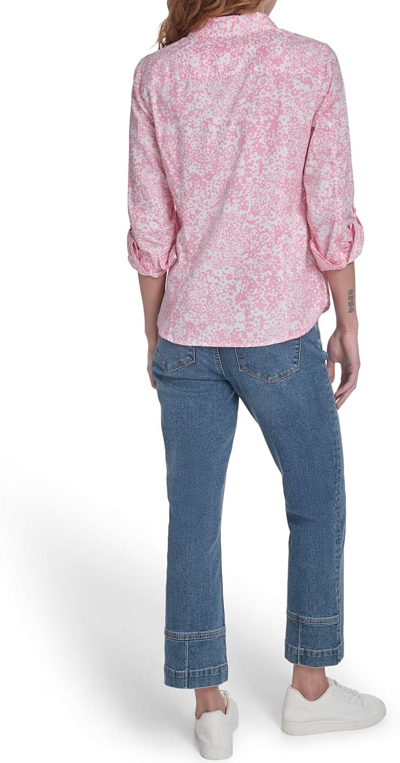 imageNautica Womens Button Front Long Sleeve Roll Tab ShirtEnglish Rose Multi