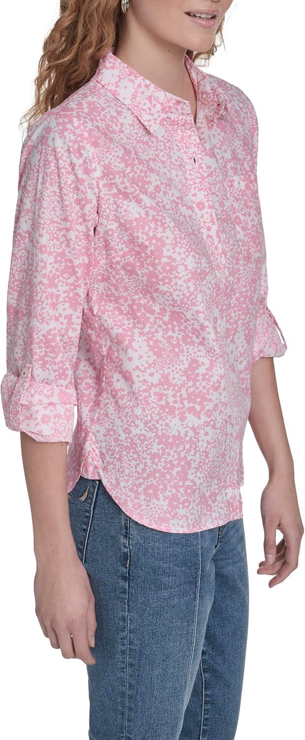 imageNautica Womens Button Front Long Sleeve Roll Tab ShirtEnglish Rose Multi