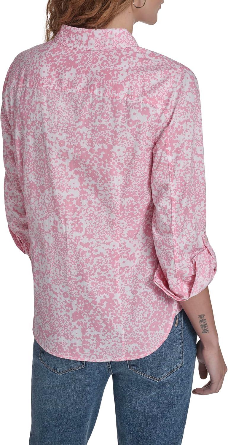 imageNautica Womens Button Front Long Sleeve Roll Tab ShirtEnglish Rose Multi