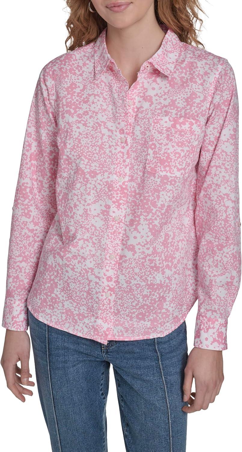 imageNautica Womens Button Front Long Sleeve Roll Tab ShirtEnglish Rose Multi