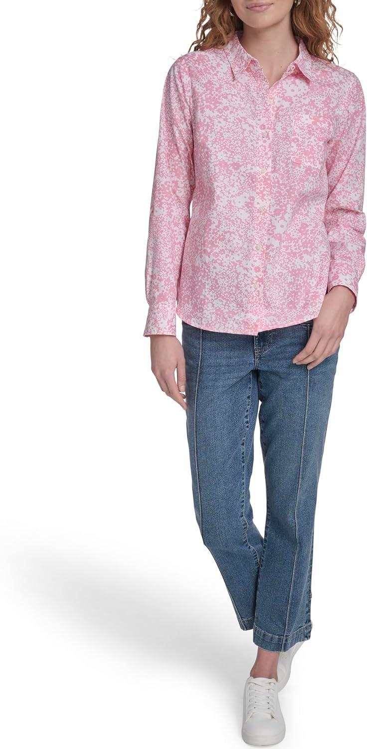 imageNautica Womens Button Front Long Sleeve Roll Tab ShirtEnglish Rose Multi