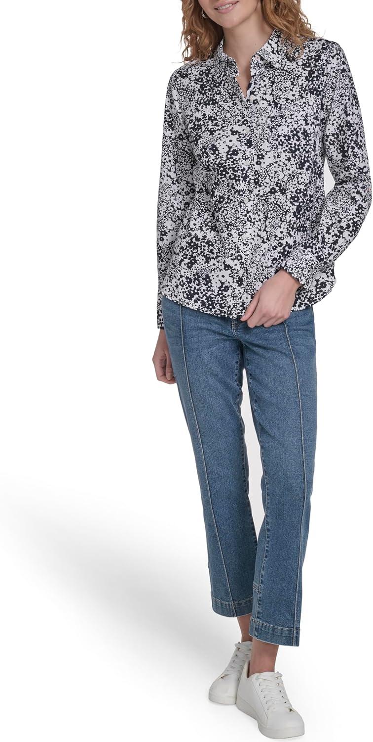 imageNautica Womens Button Front Long Sleeve Roll Tab ShirtNight Sky Bright White