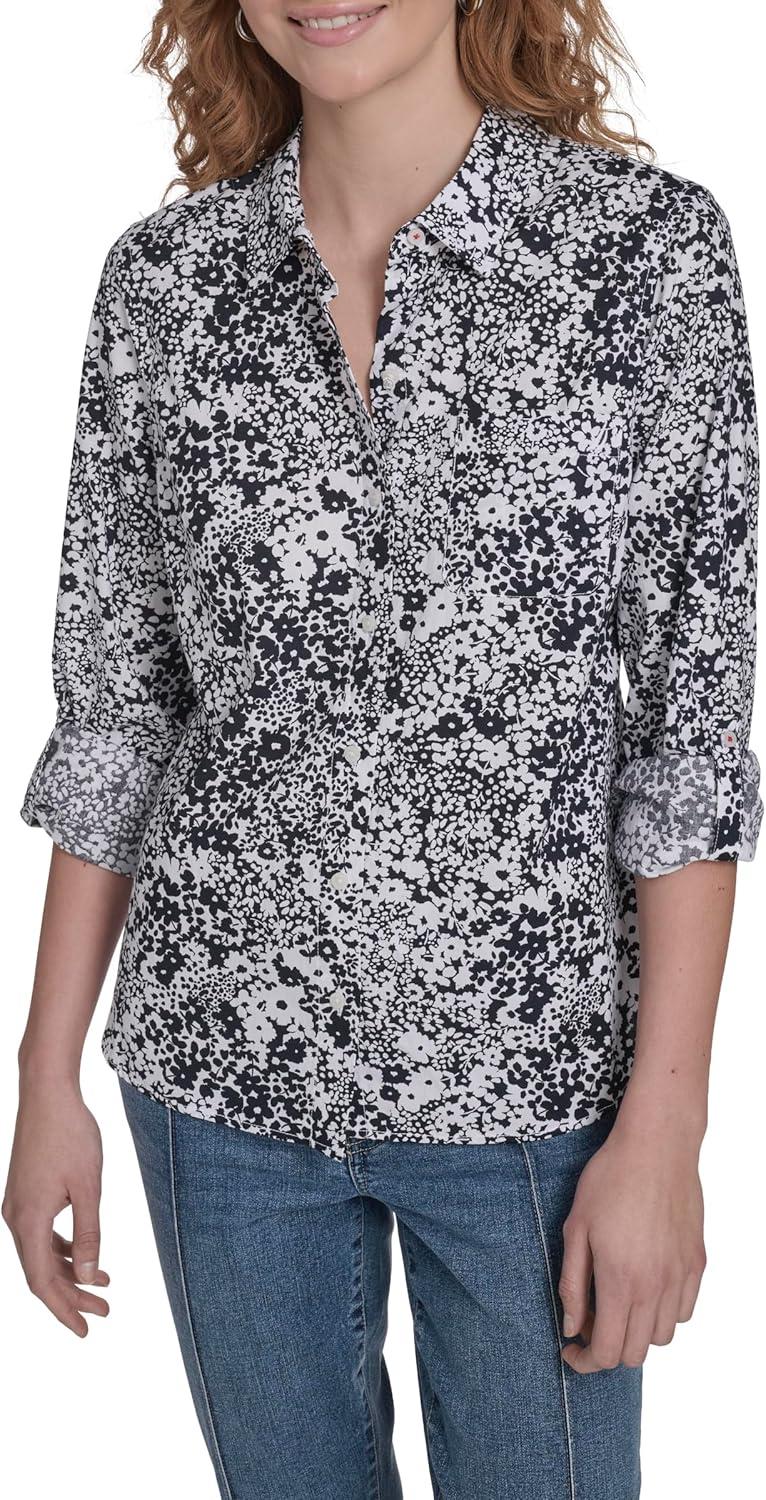 imageNautica Womens Button Front Long Sleeve Roll Tab ShirtNight Sky Bright White