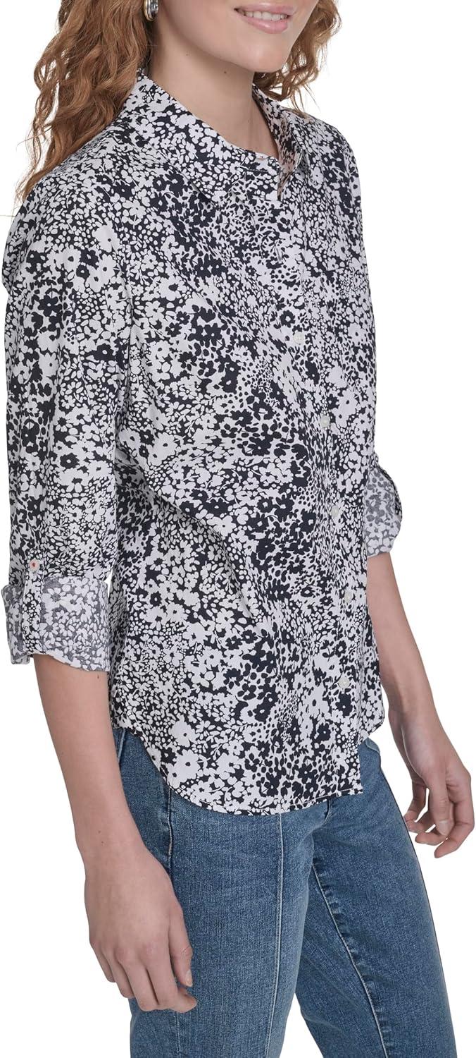 imageNautica Womens Button Front Long Sleeve Roll Tab ShirtNight Sky Bright White