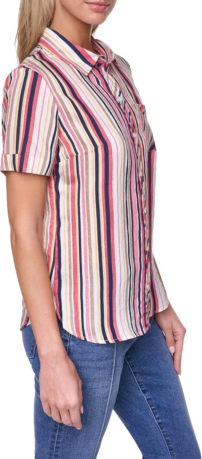 imageNautica Womens Button Front Short Sleeve Camp ShirtMineral Red Multi