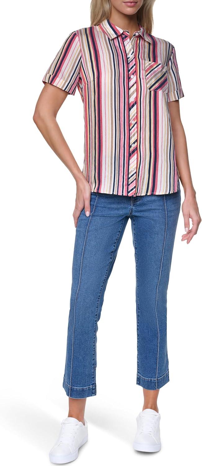 imageNautica Womens Button Front Short Sleeve Camp ShirtMineral Red Multi