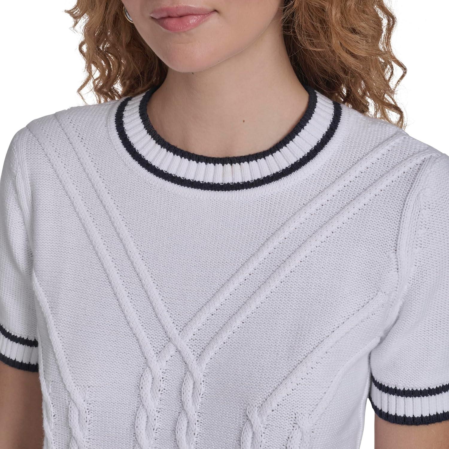 imageNautica Womens Short Sleeve Cable Pullover Sweater with TippingBright White Multi