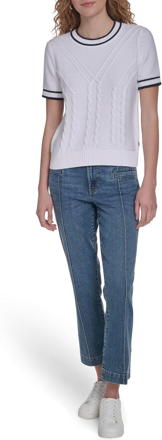 imageNautica Womens Short Sleeve Cable Pullover Sweater with TippingBright White Multi