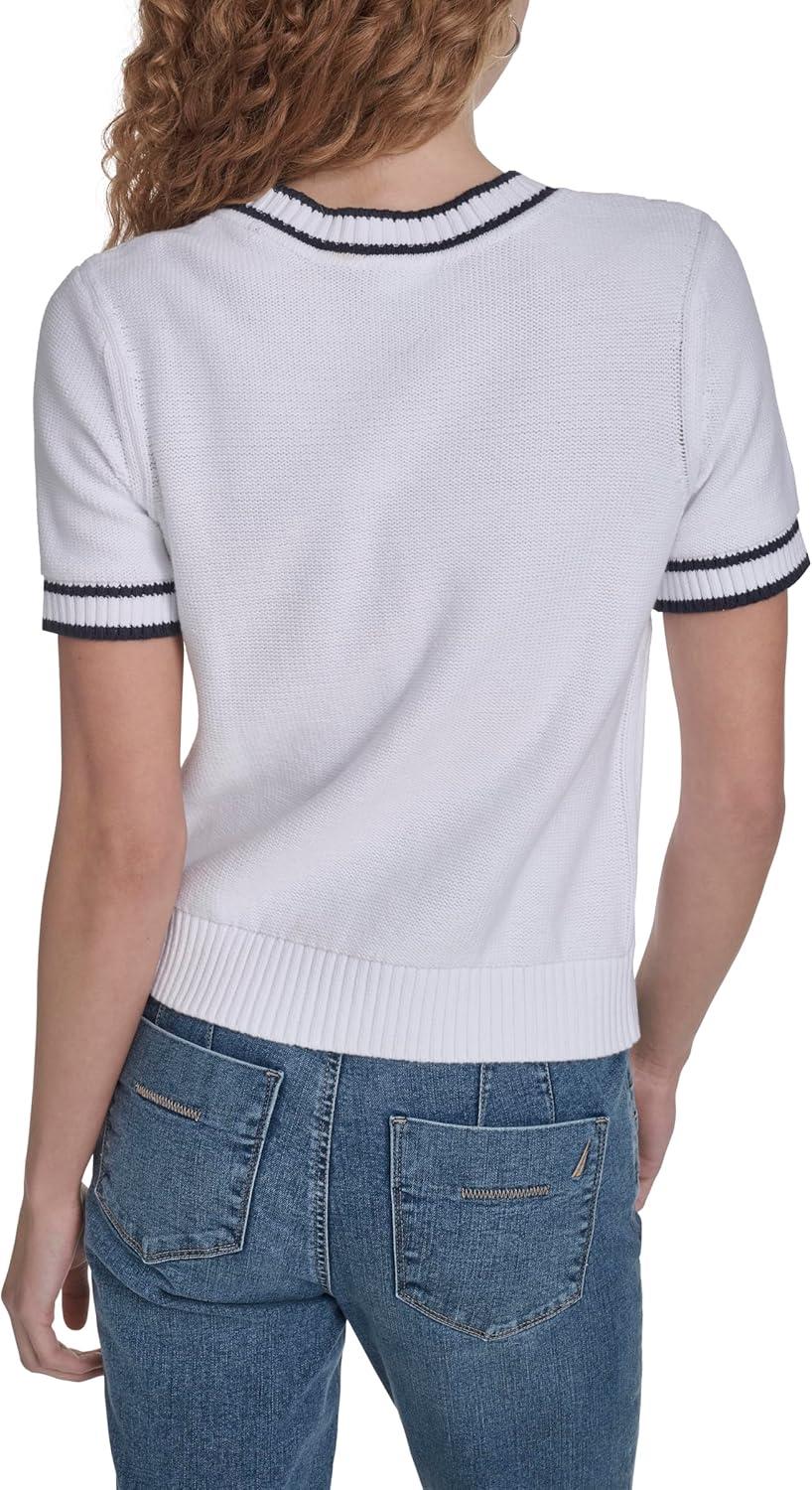imageNautica Womens Short Sleeve Cable Pullover Sweater with TippingBright White Multi