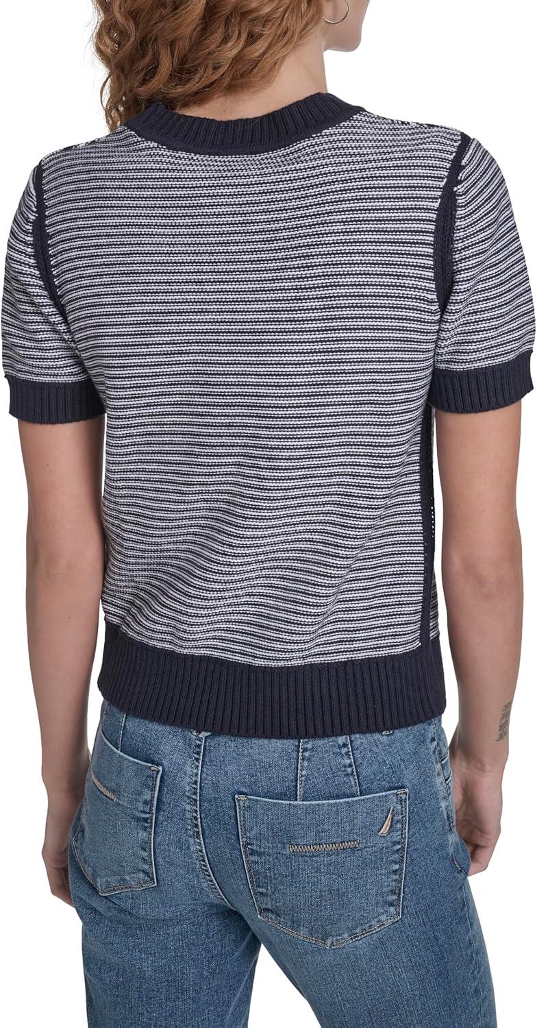 imageNautica Womens Short Sleeve Cable Pullover Sweater with TippingNight Sky Ivory