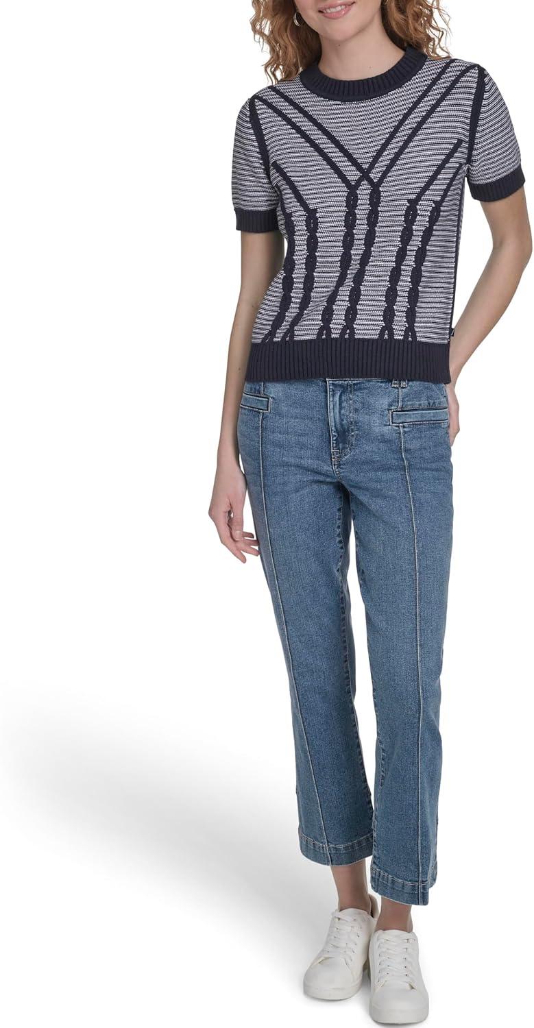 imageNautica Womens Short Sleeve Cable Pullover Sweater with TippingNight Sky Ivory