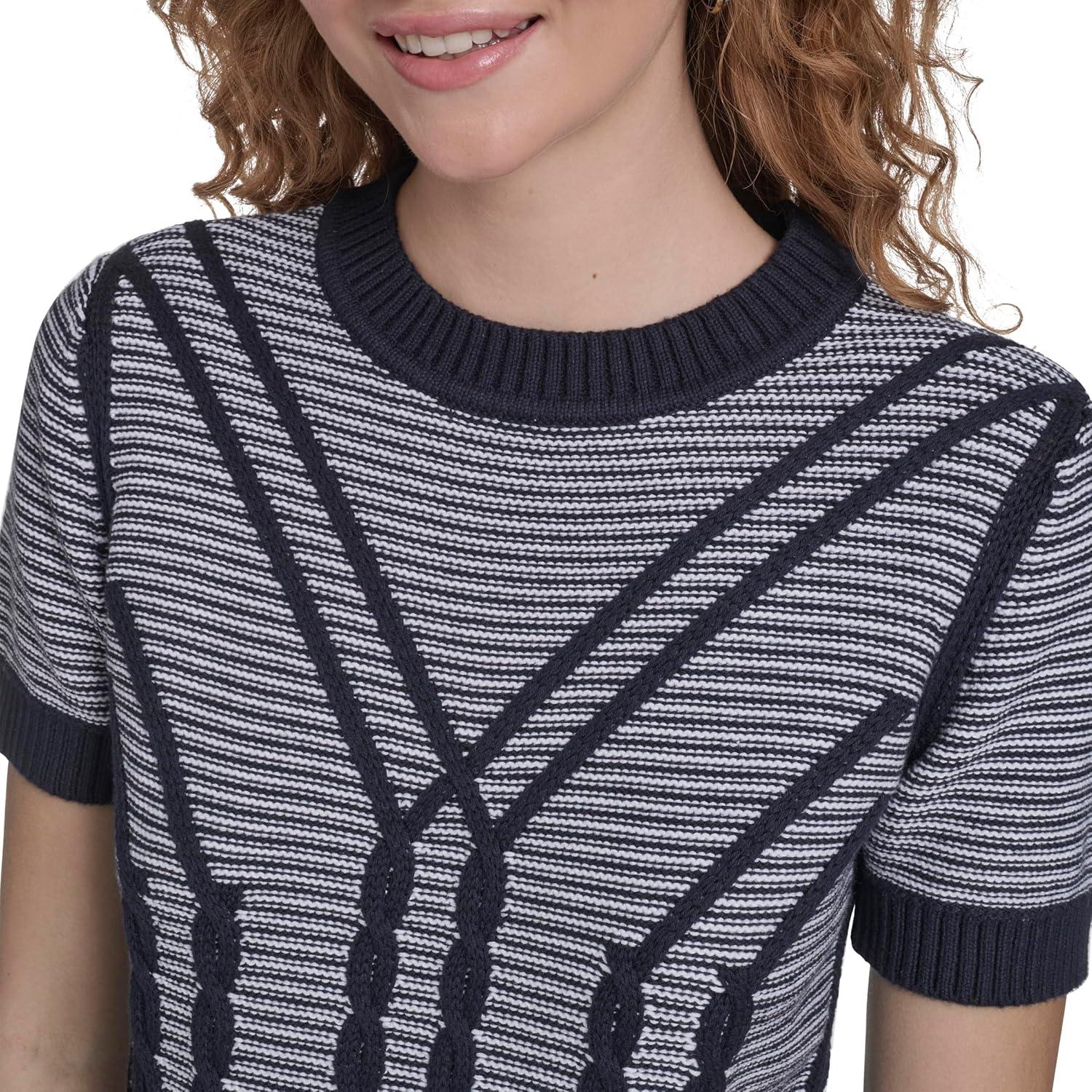 imageNautica Womens Short Sleeve Cable Pullover Sweater with TippingNight Sky Ivory