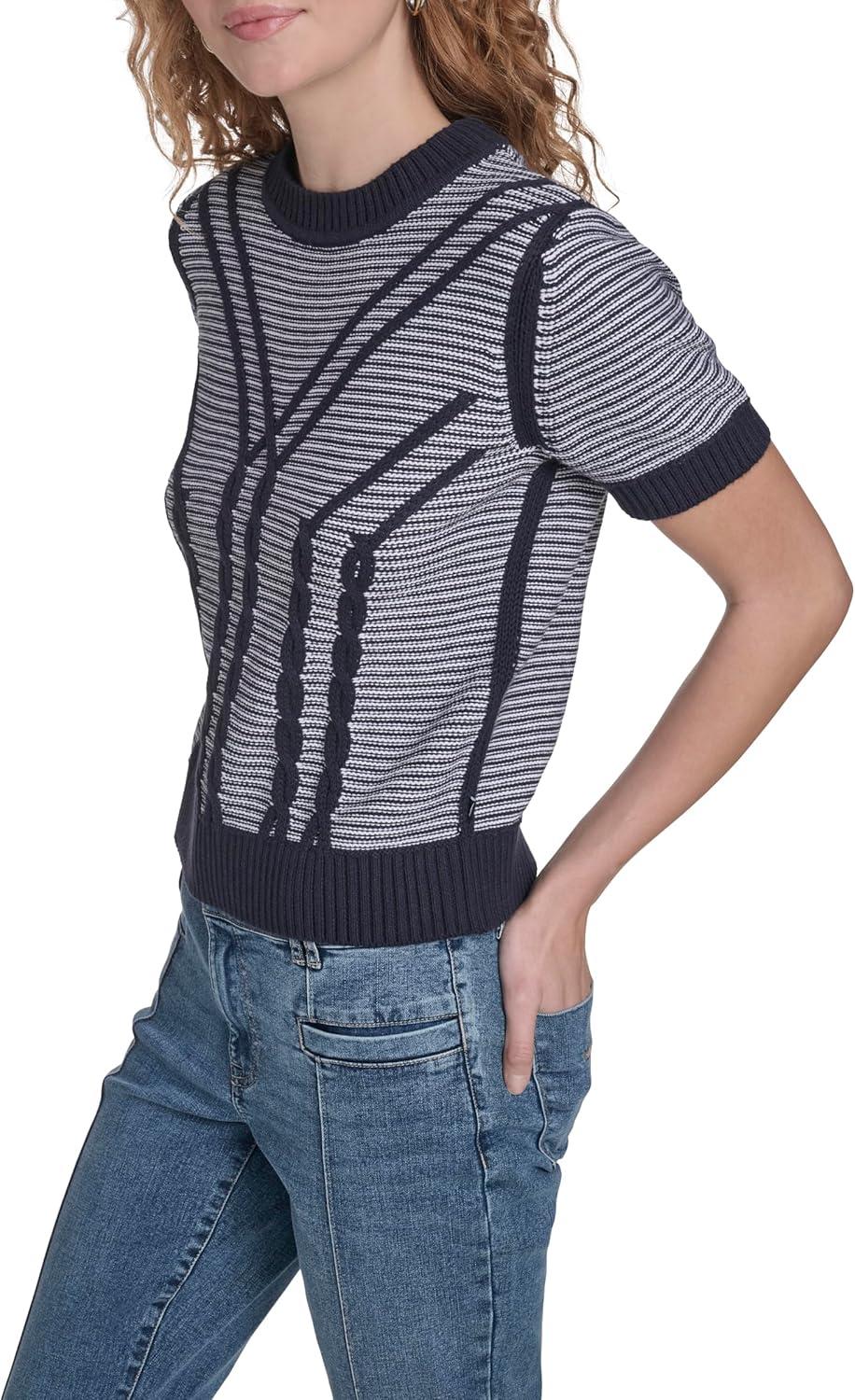 imageNautica Womens Short Sleeve Cable Pullover Sweater with TippingNight Sky Ivory