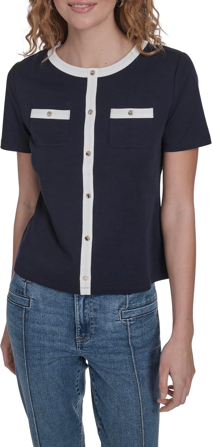 imageNautica Womens Short Sleeve Contrast Knit Pullover TopNight Sky Bright White