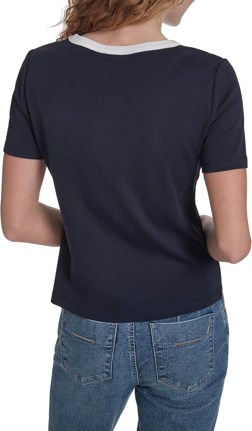 imageNautica Womens Short Sleeve Contrast Knit Pullover TopNight Sky Bright White