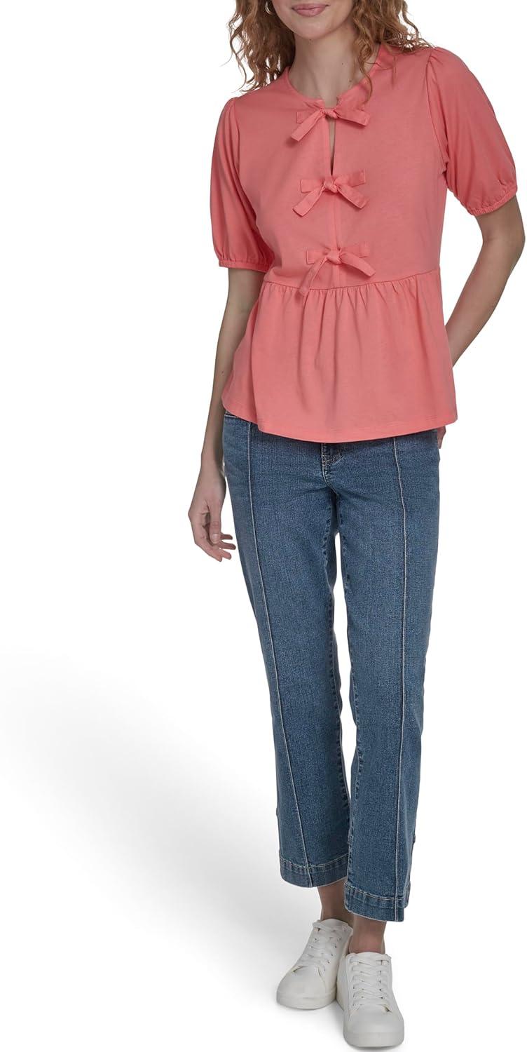 imageNautica Womens Short Sleeve Peplum Solid Bow Detail TopBloom