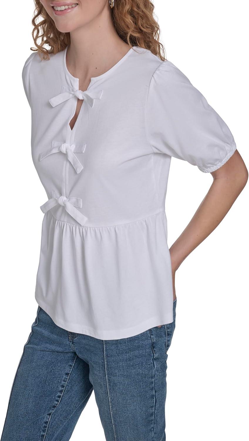 imageNautica Womens Short Sleeve Peplum Solid Bow Detail TopBright White