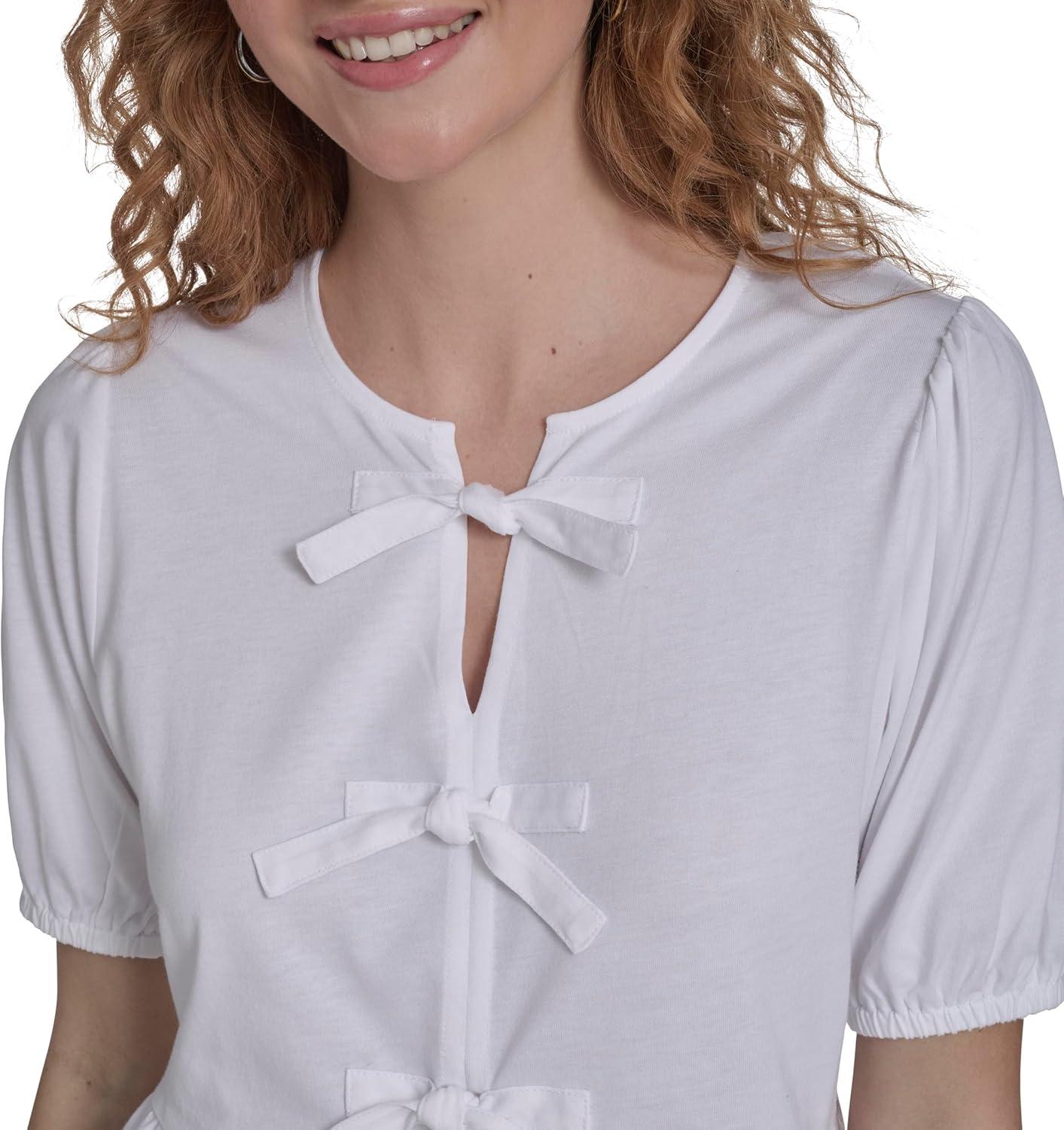imageNautica Womens Short Sleeve Peplum Solid Bow Detail TopBright White