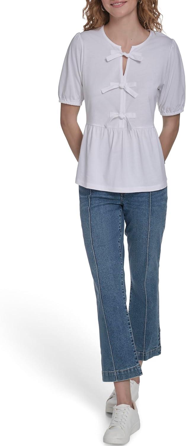 imageNautica Womens Short Sleeve Peplum Solid Bow Detail TopBright White