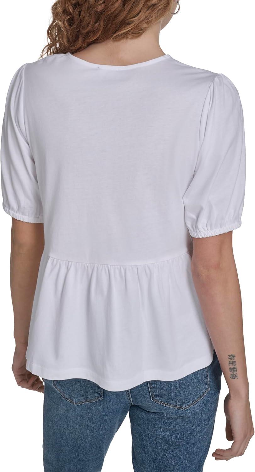 imageNautica Womens Short Sleeve Peplum Solid Bow Detail TopBright White