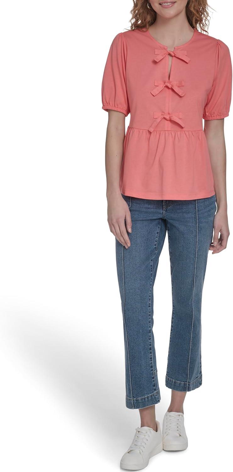 imageNautica Womens Short Sleeve Peplum Solid Bow Detail TopPeony