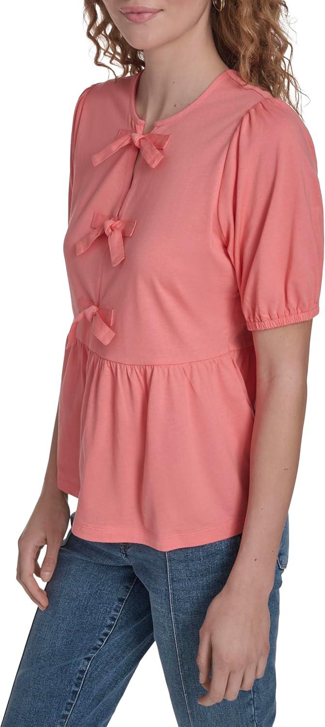 imageNautica Womens Short Sleeve Peplum Solid Bow Detail TopPeony