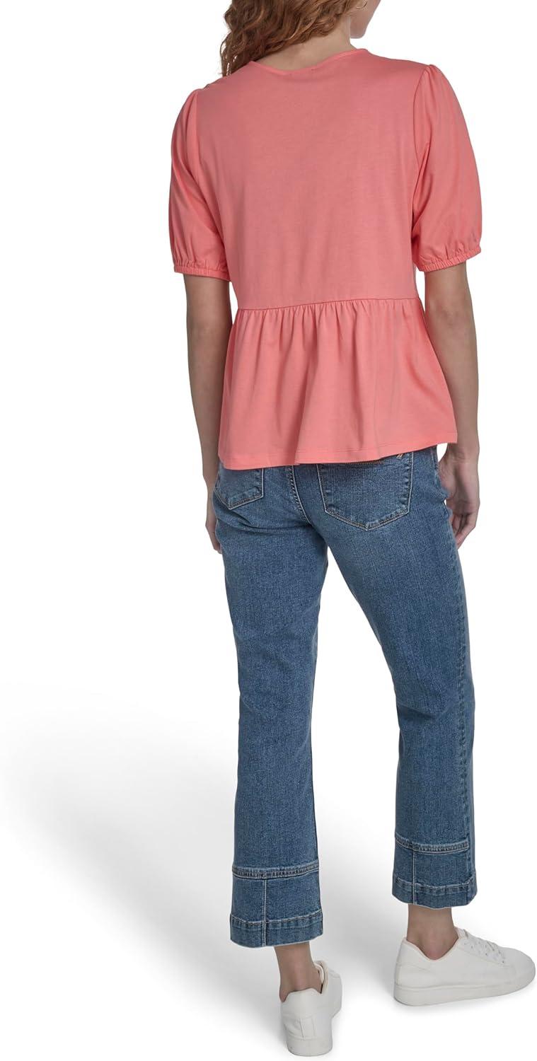 imageNautica Womens Short Sleeve Peplum Solid Bow Detail TopPeony