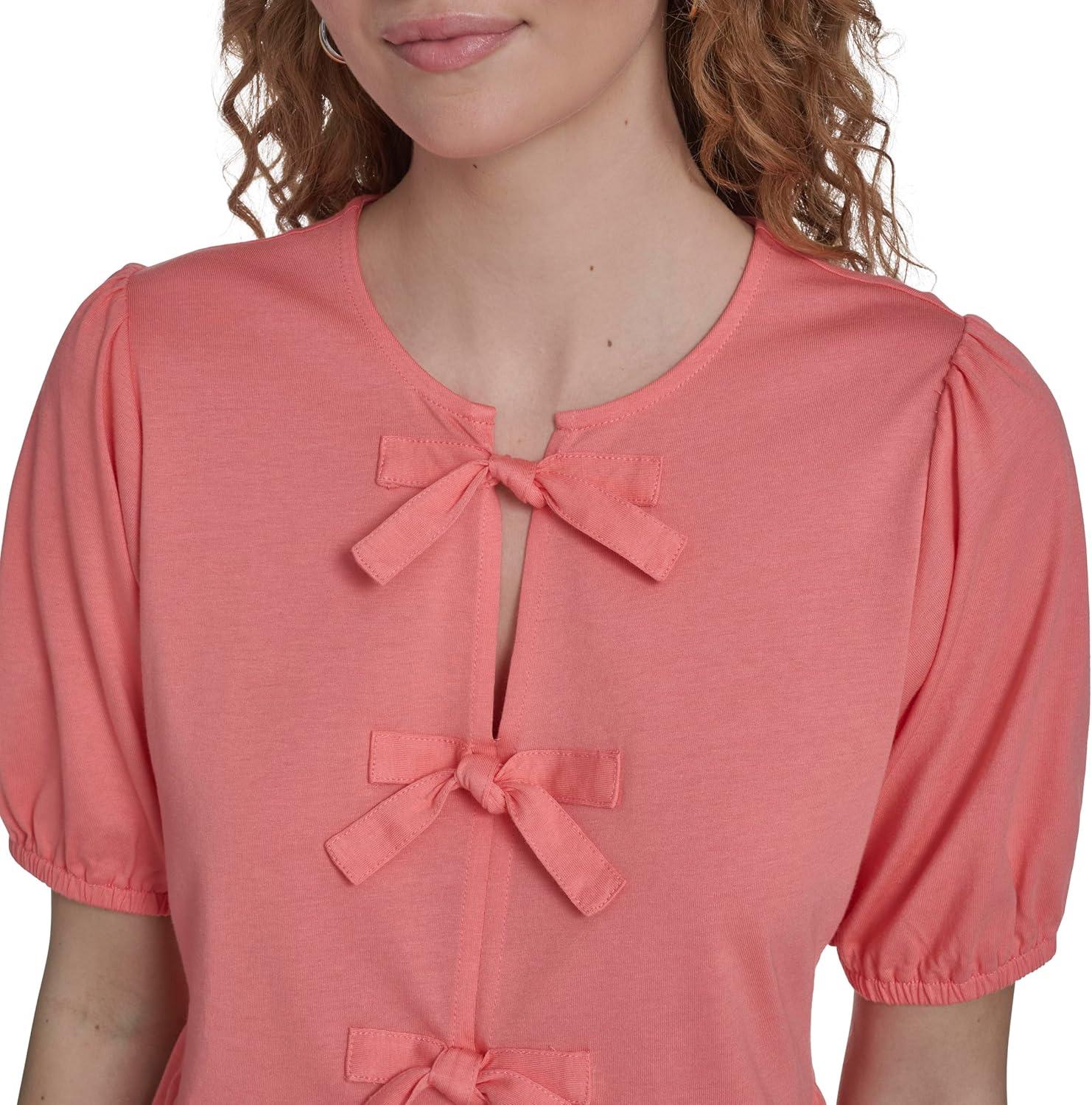 imageNautica Womens Short Sleeve Peplum Solid Bow Detail TopPeony