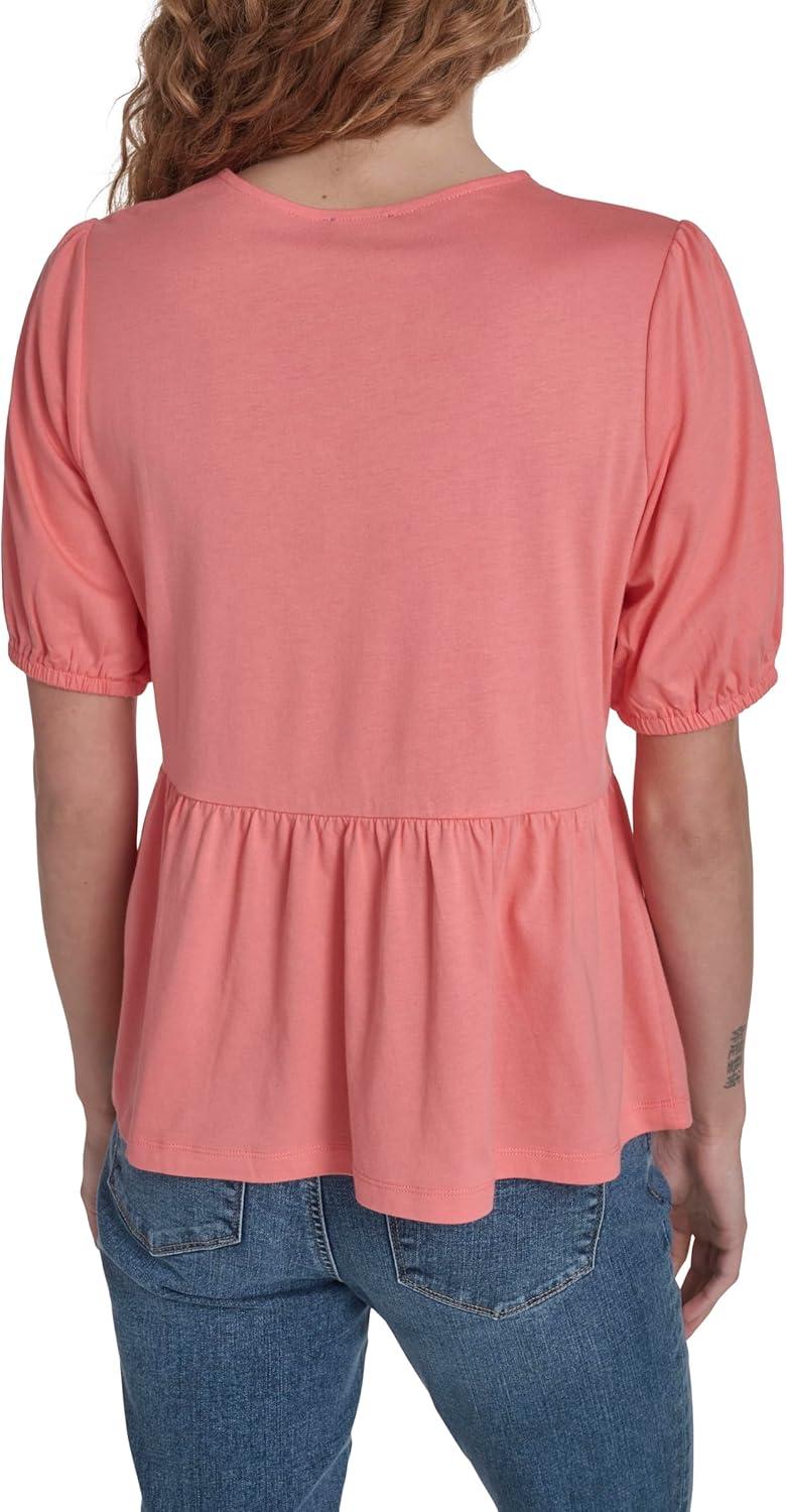 imageNautica Womens Short Sleeve Peplum Solid Bow Detail TopPeony